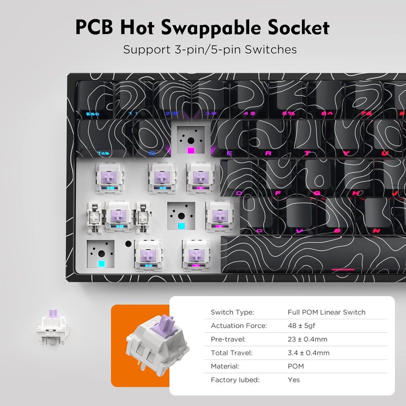 HITIME 60% Percent Keyboard, Topographic Theme Keyboard, XVX M61 Pro Bluetooth/2.4GHz/USB-C Wireless Mechanical Gaming Key Board, Hot Swappable Creamy Pre-lubed Switch, RGB - Image 4